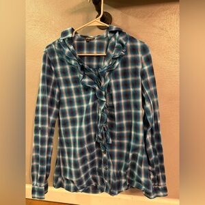 Express Blue Checkered Ruffle Button Down Shirt